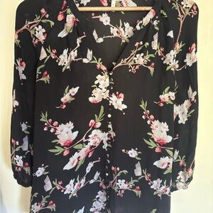 Joie 100% Silk Chiffon Floral Black Blouse